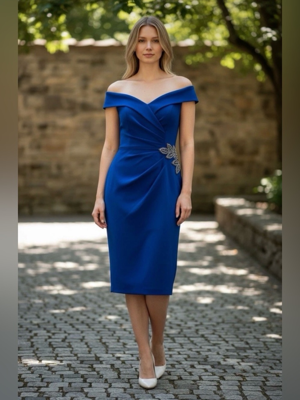 Alex Evenings Size 14 Navy Off Shoulder Sheath Dress